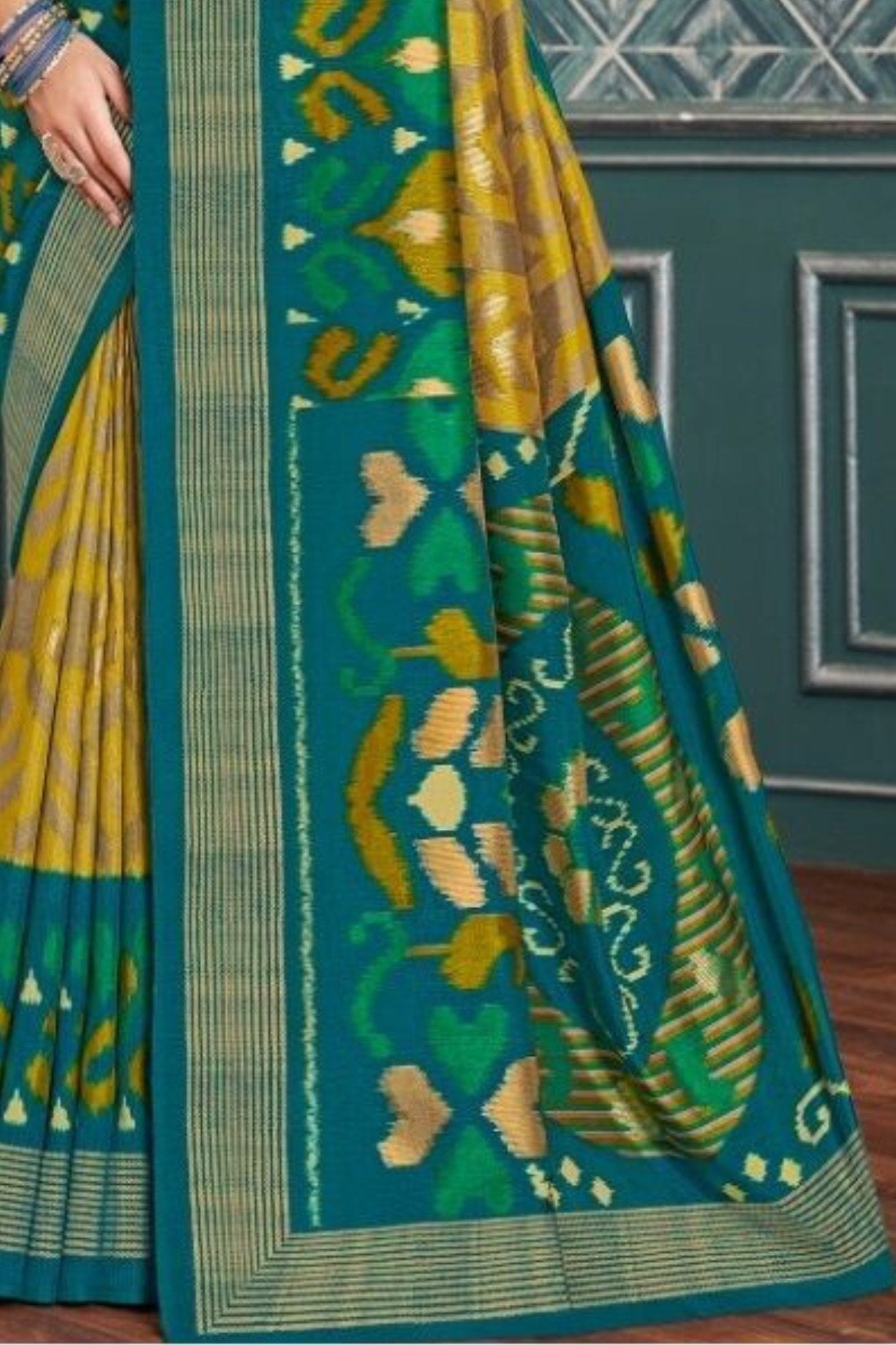 Bright Sun Yellow and Green Ikkat Patola Silk Saree