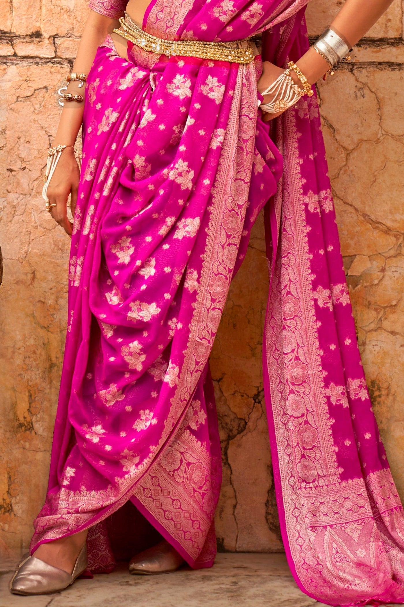 Magenta Pink Zari Woven Georgette Saree