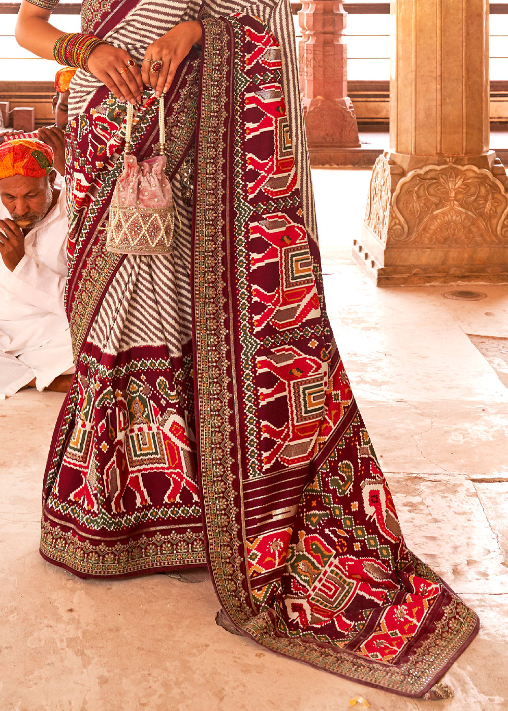 Burgundy Red and White Woven Patola Saree