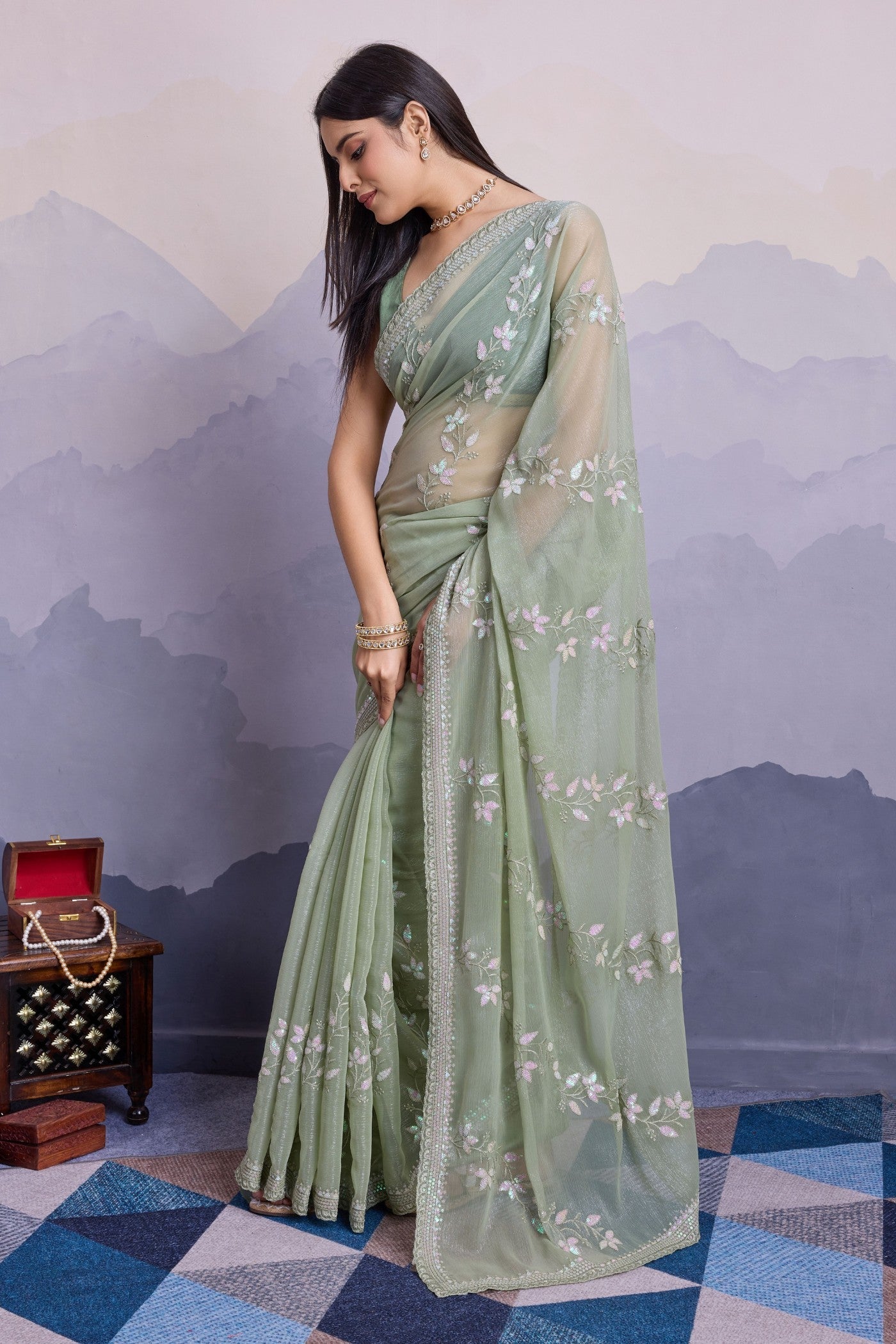 Pastel Green Embroidered Designer Chiffon Saree