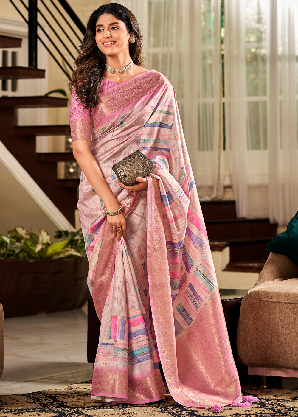 Azalea Pink Banarasi Digital Printed Soft Silk Saree