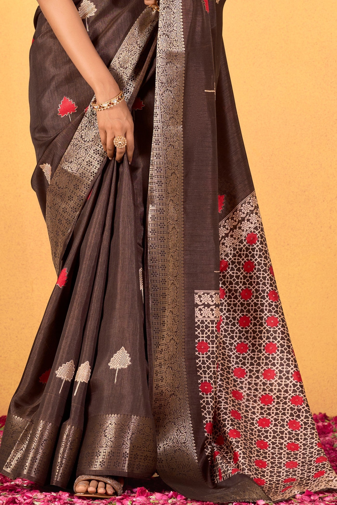 Caramel Brown Woven Dola Silk Saree