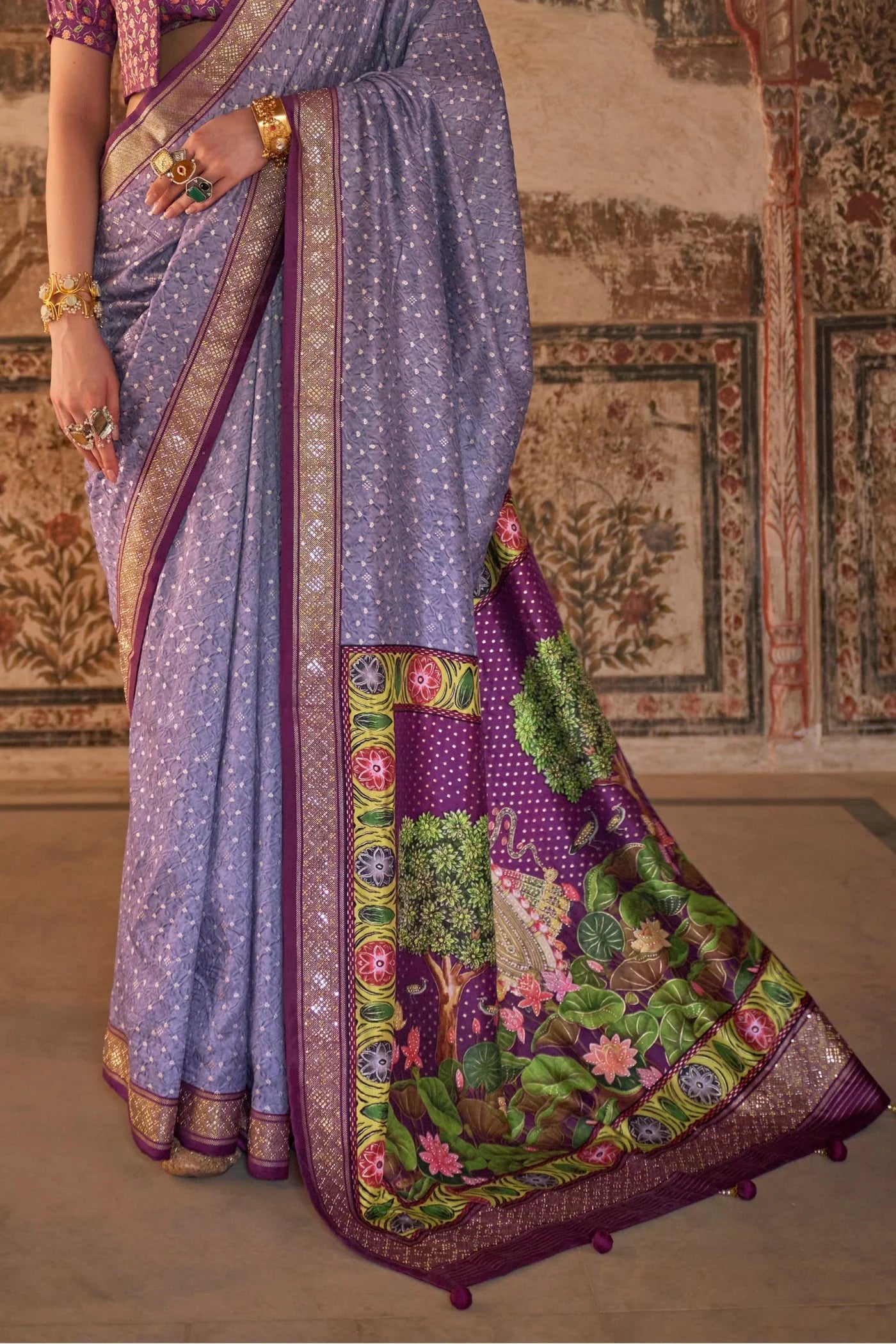 Premium Periwinkle Purple Printed Patola Saree