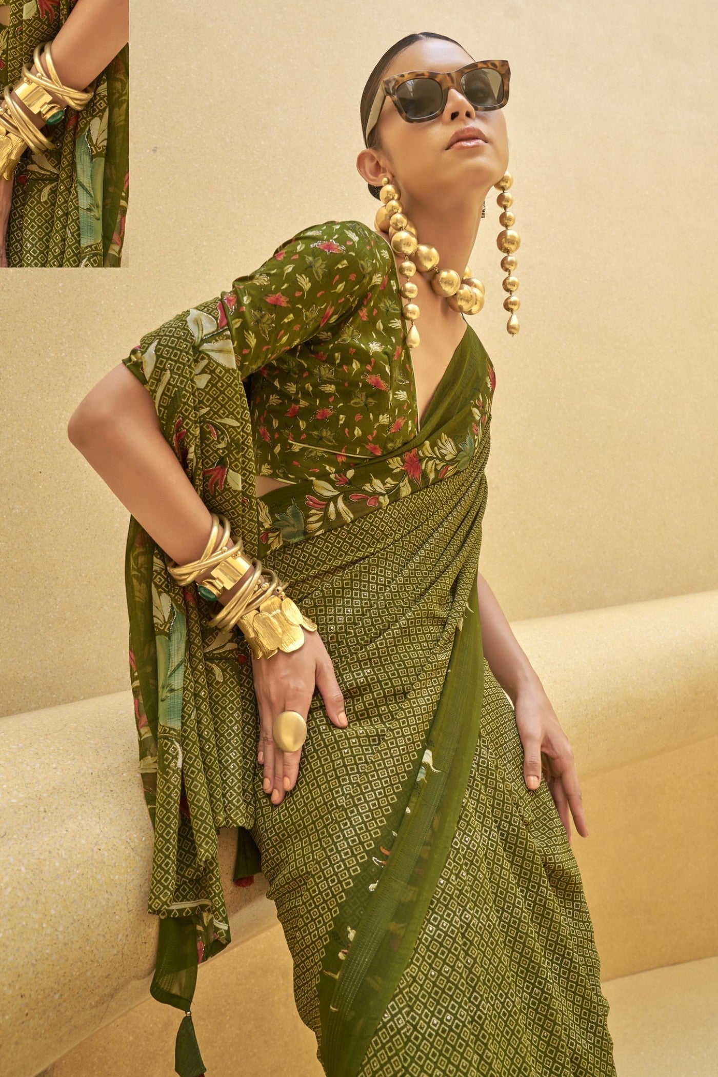 Pine Green Georgette Printed Saree