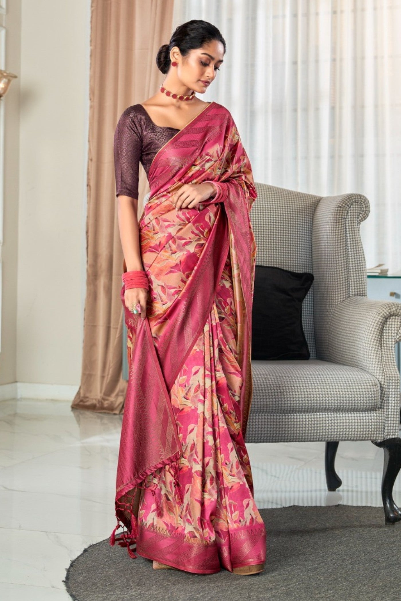 Stiletto Pink Digital Printed Banarasi Saree