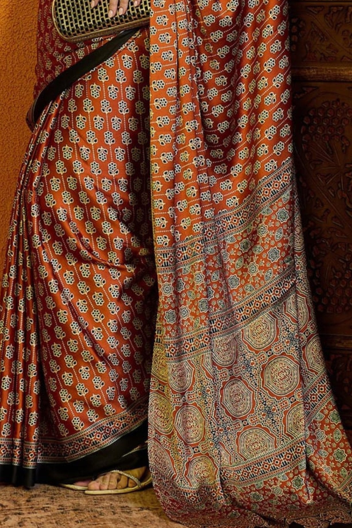 Sepia Skin Brown Printed Ajrakh Satin Crepe Saree