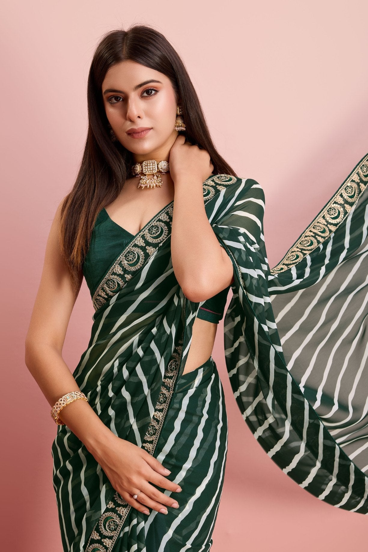 Cape Cod Green Georgette Lehriya Silk saree