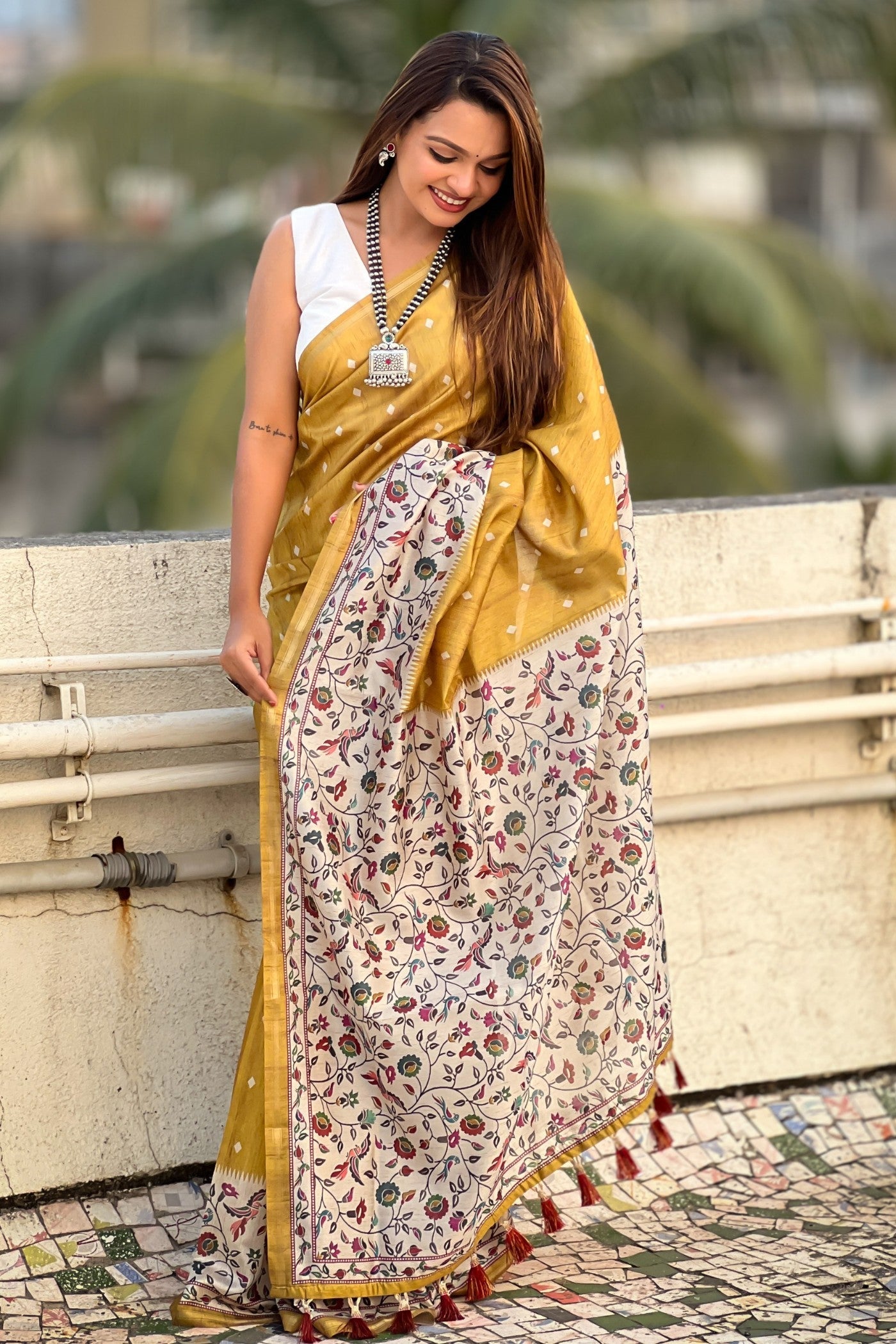 Mustard Yellow Floral Printed Kalamkari Saree