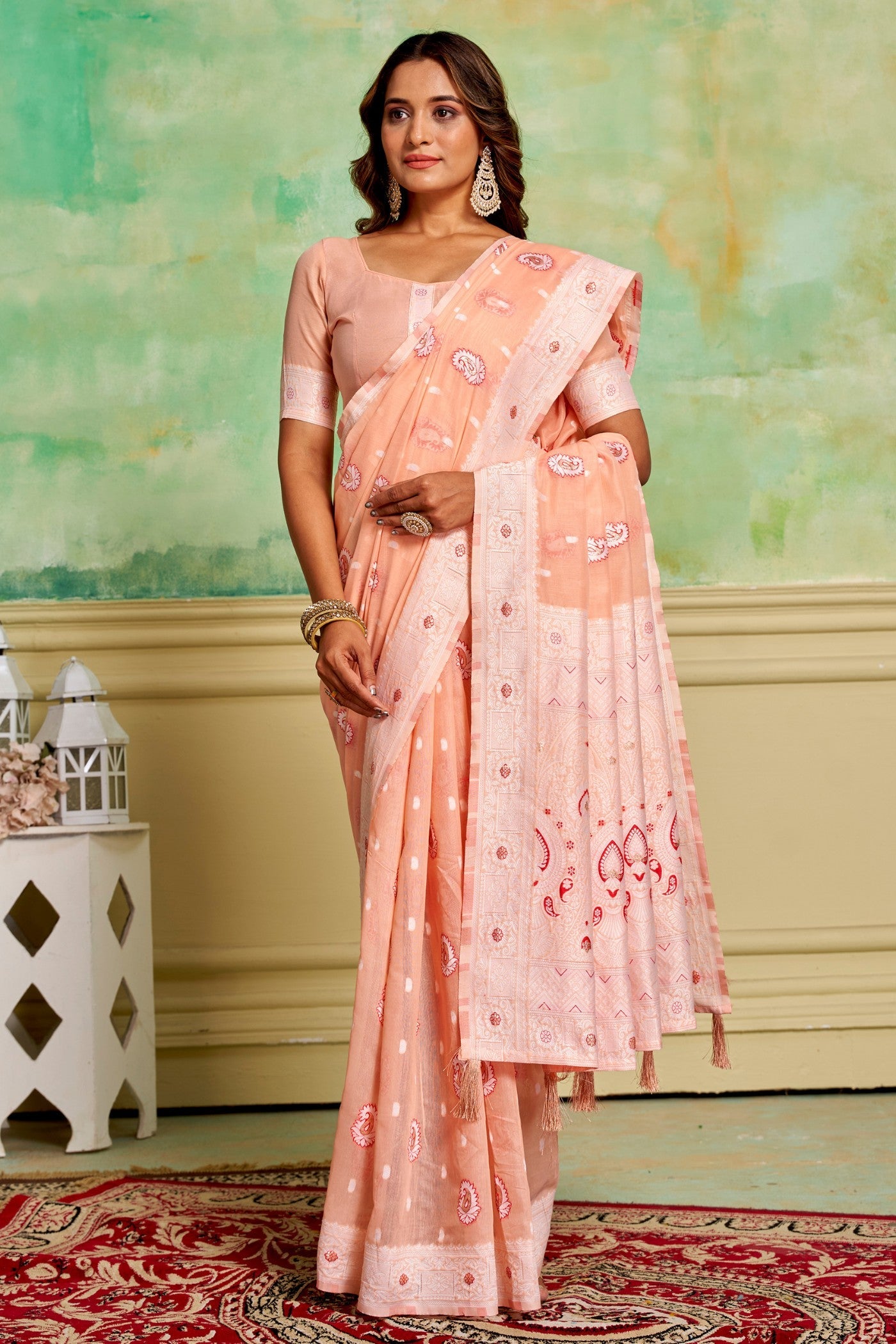 Salmon Peach Woven Cotton Saree