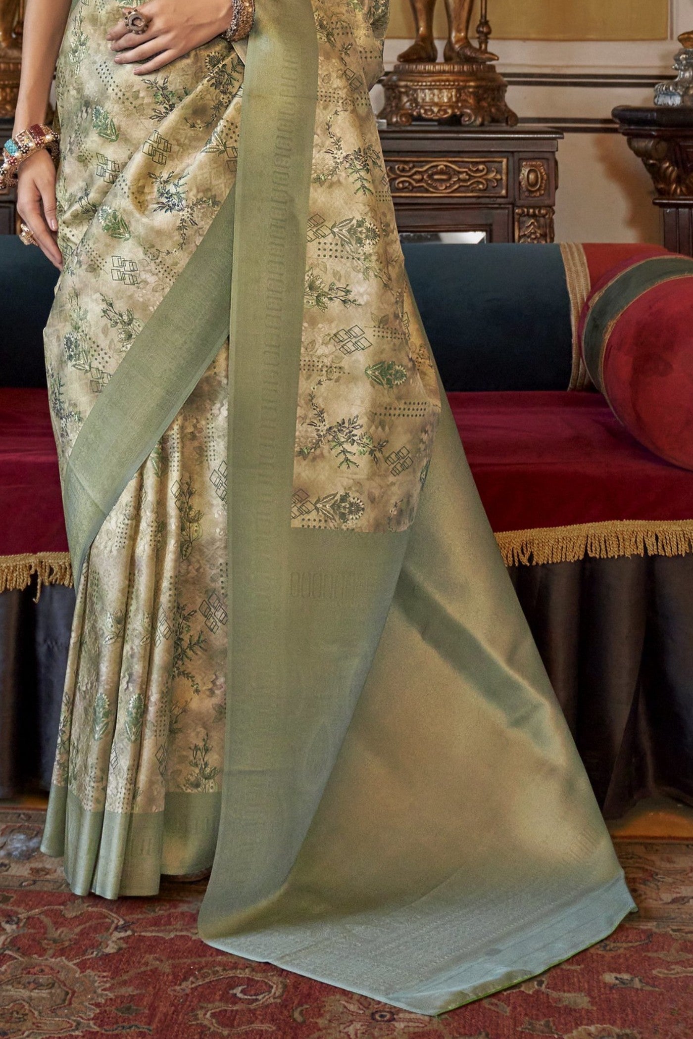 Gurkha Green Banarasi Digital Printed Saree