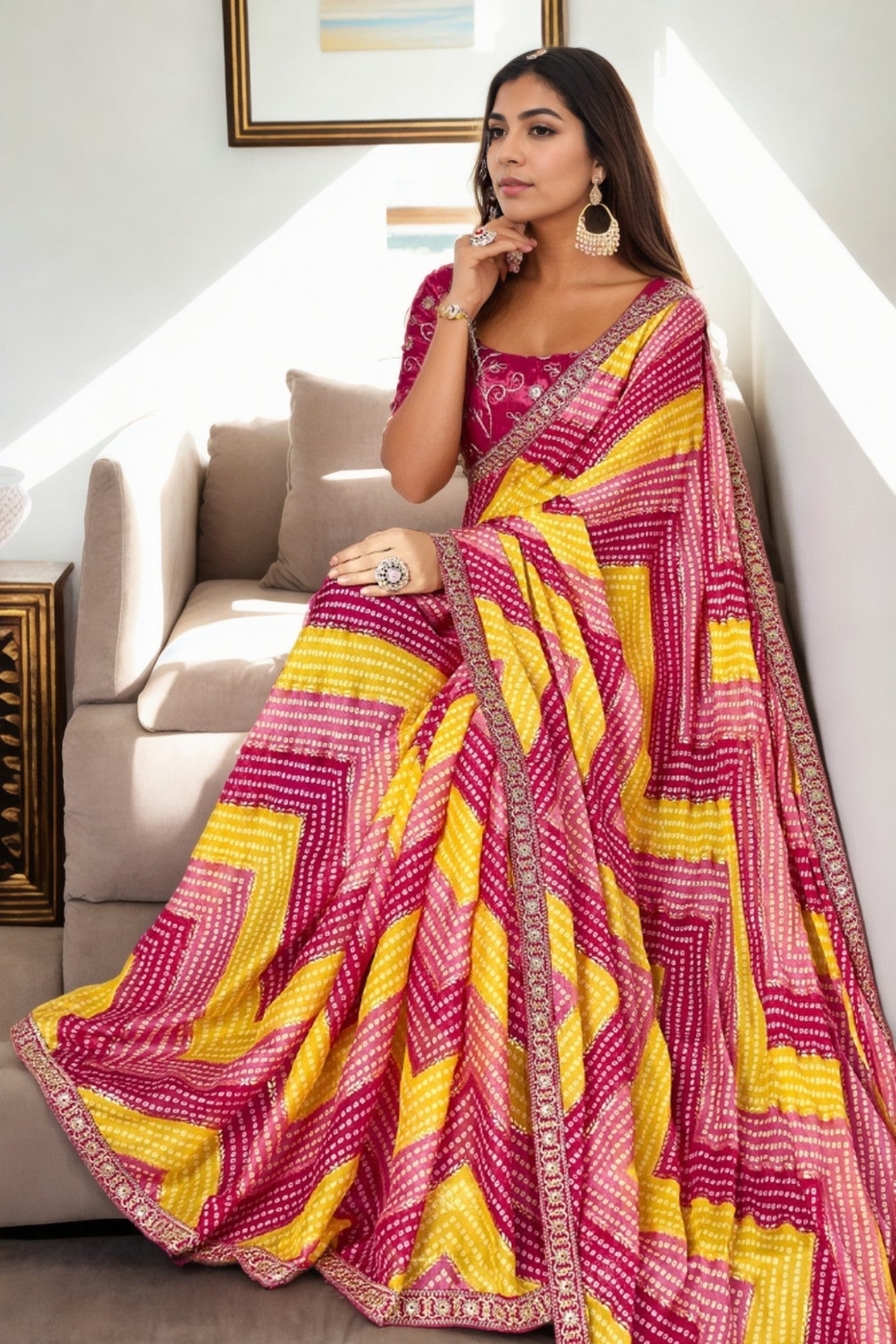 Zest Yellow and Pink Bandhani Digital Printed Silk Saree