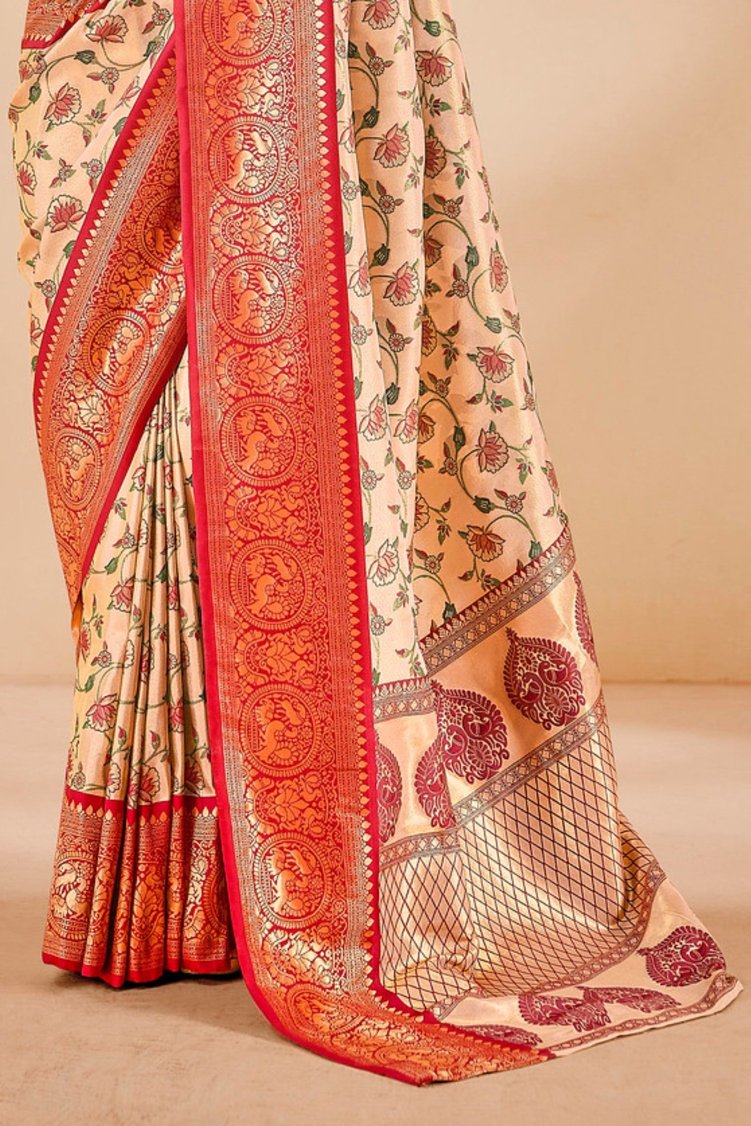 Pancho Cream and Red Zari Woven Banarasi Saree