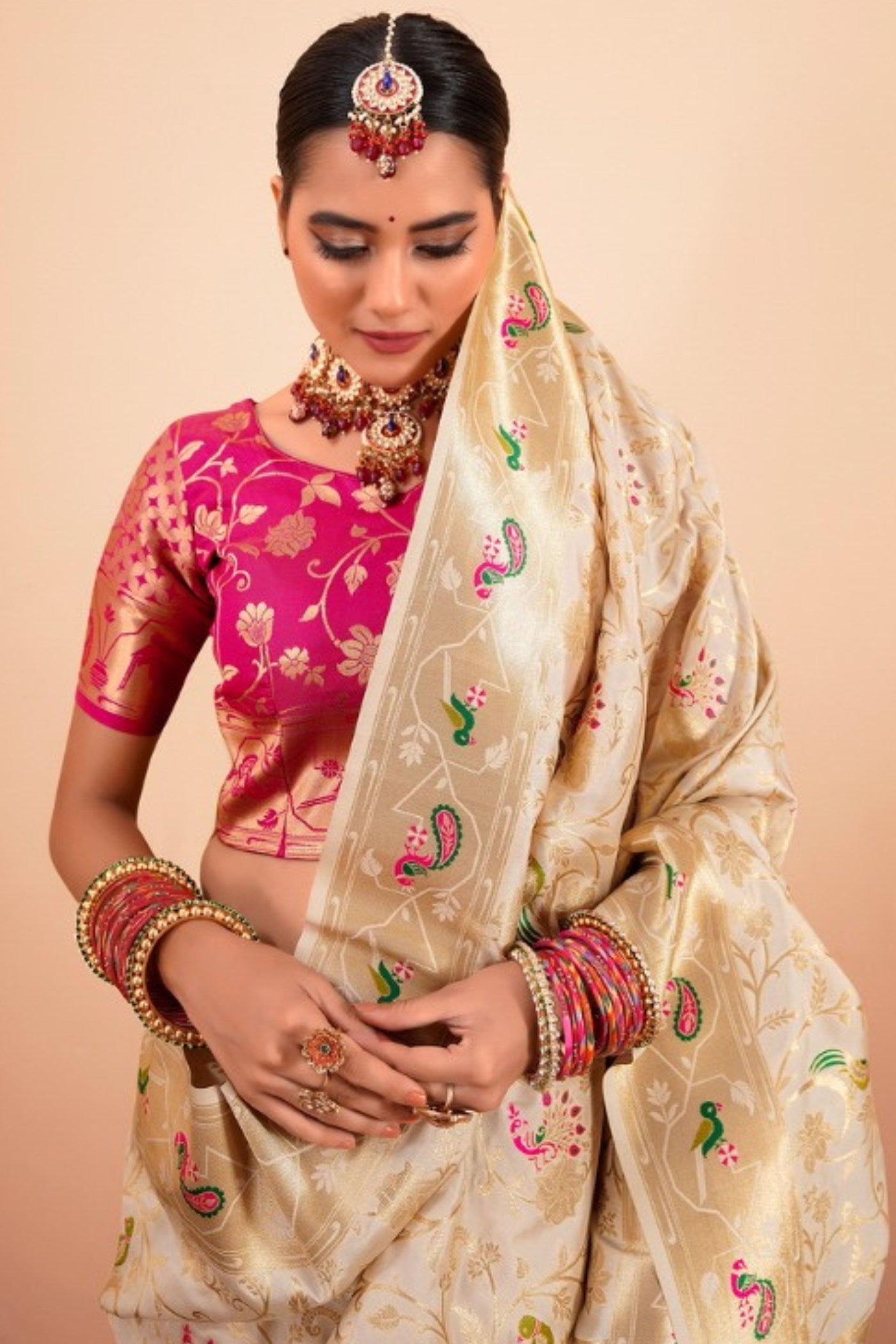 Vanilla Cream Woven Paithani Saree