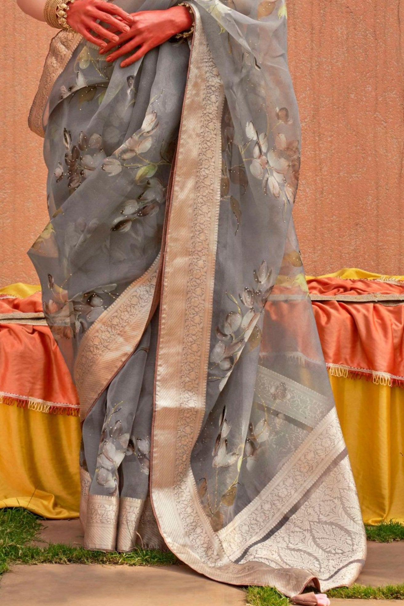 Sandstone Grey Zari Woven Organza Saree