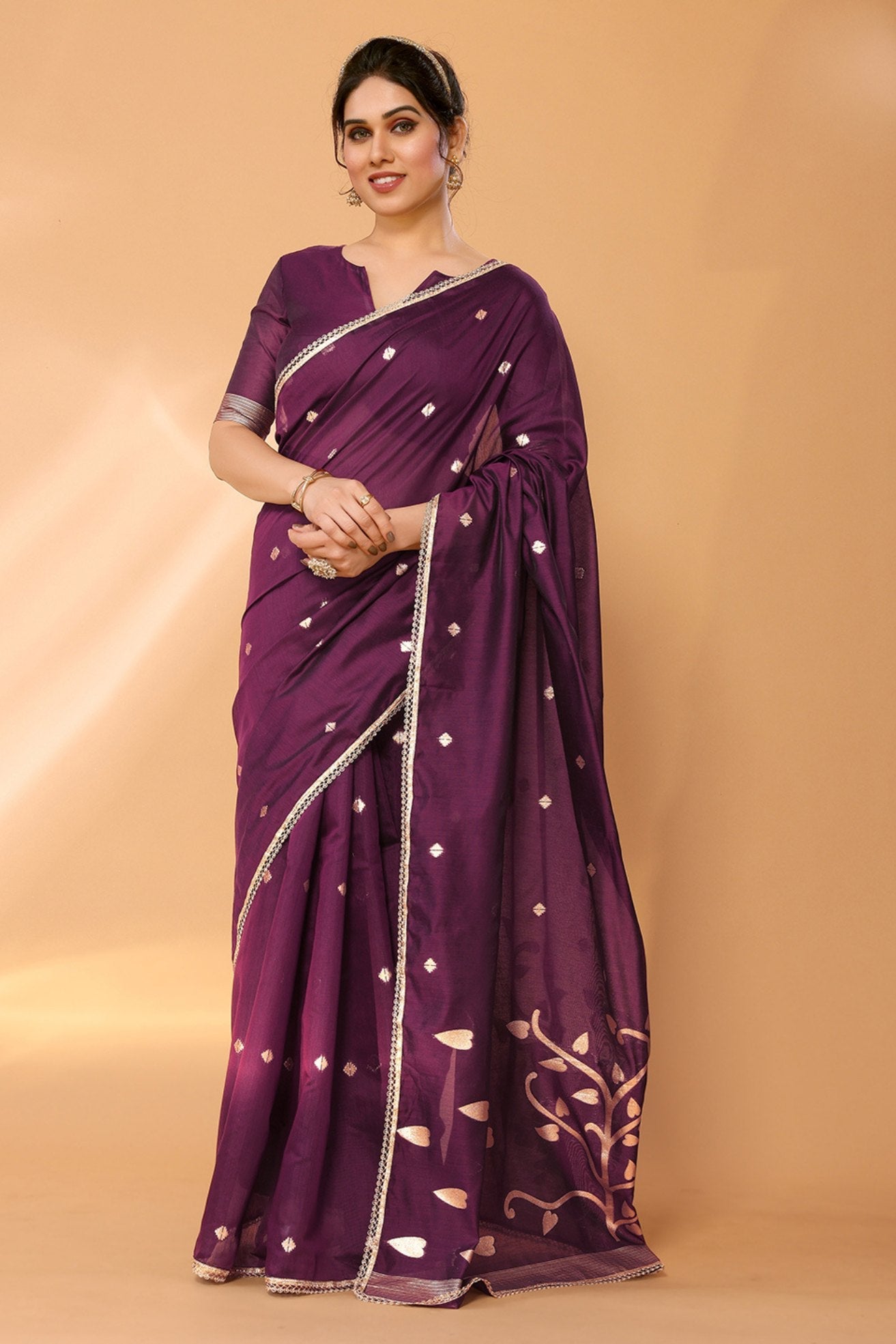 Tawny Port Purple Woven Chanderi Cotton Saree