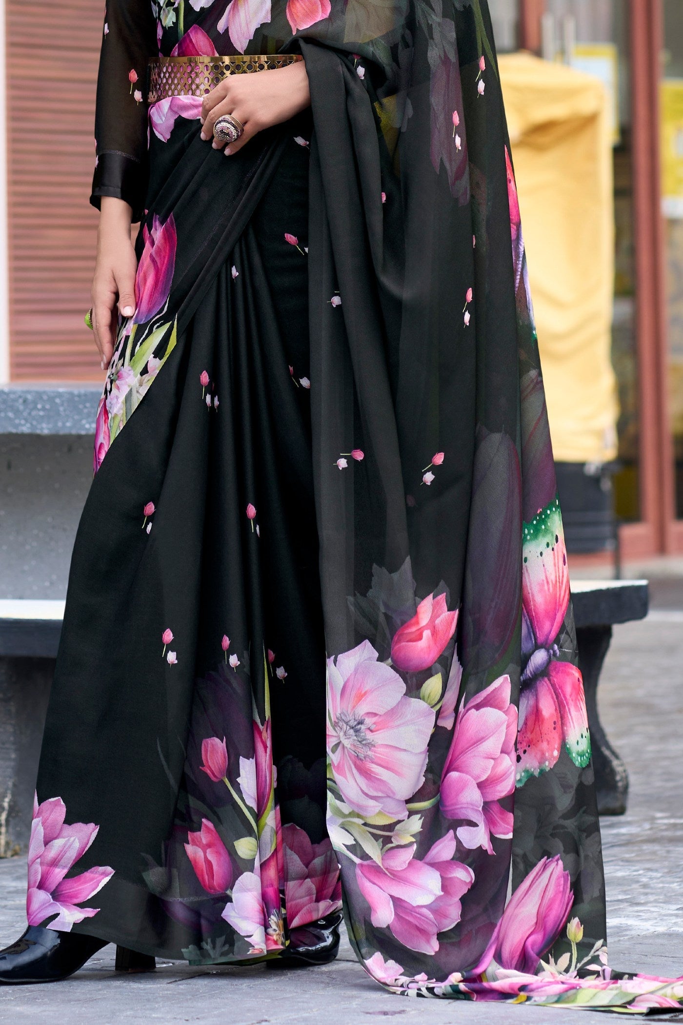 Bunker Black Printed Georgette Saree