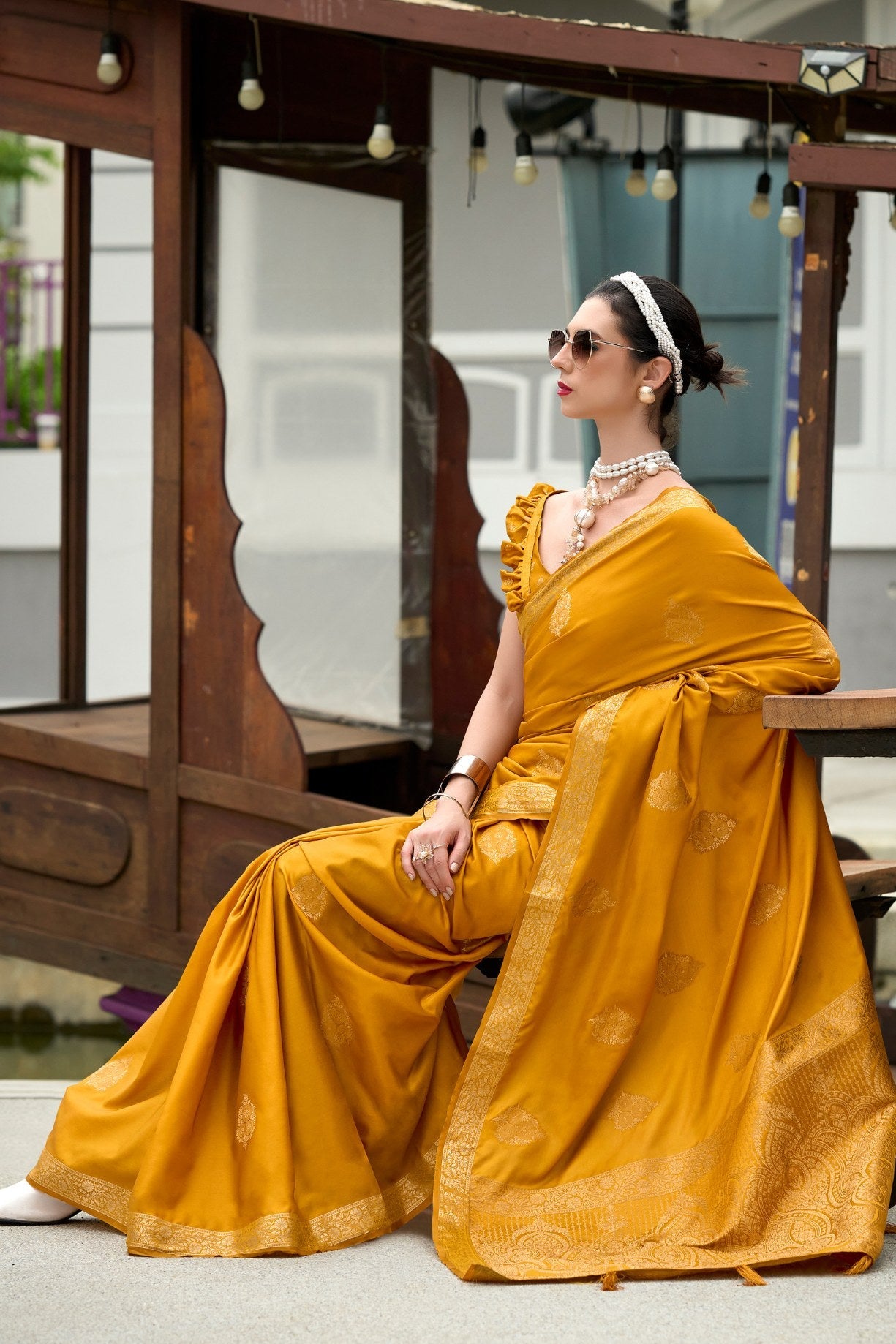 Brandy Punch Yellow Banarasi Handloom Satin Saree