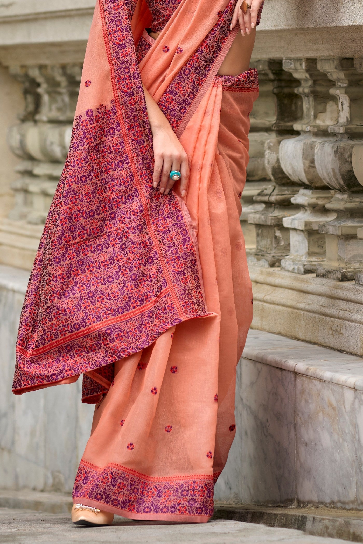 Jelly Orange Handloom Linen Cotton Saree