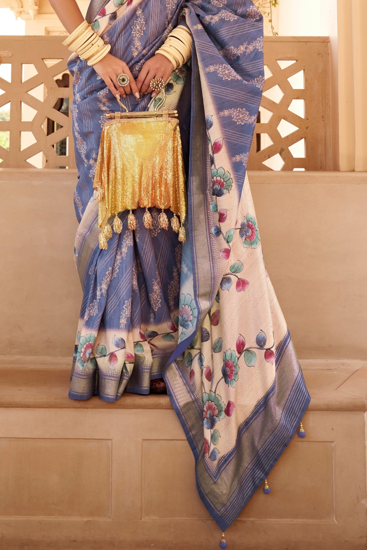 Waterloo Blue Floral Printed Banarasi Saree