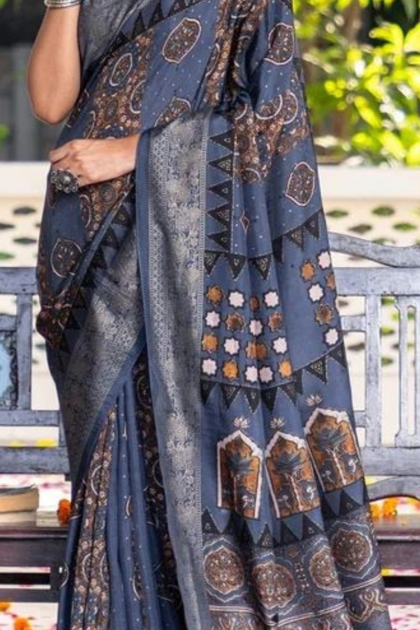 Cloudy Grey Ajrakh Digital Printed Satin Saree