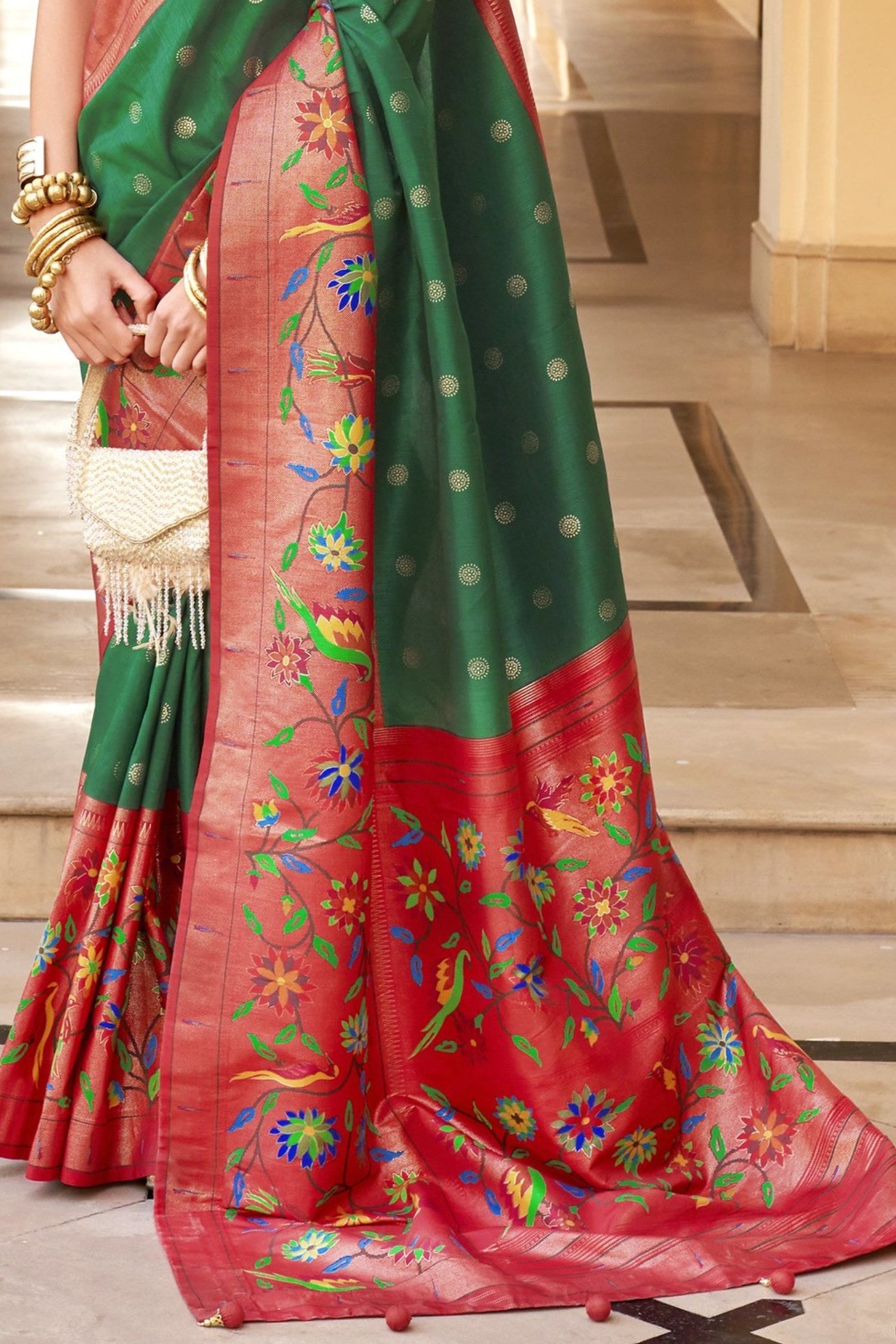 Forewst Green and Red Woven Paithani Designer Saree