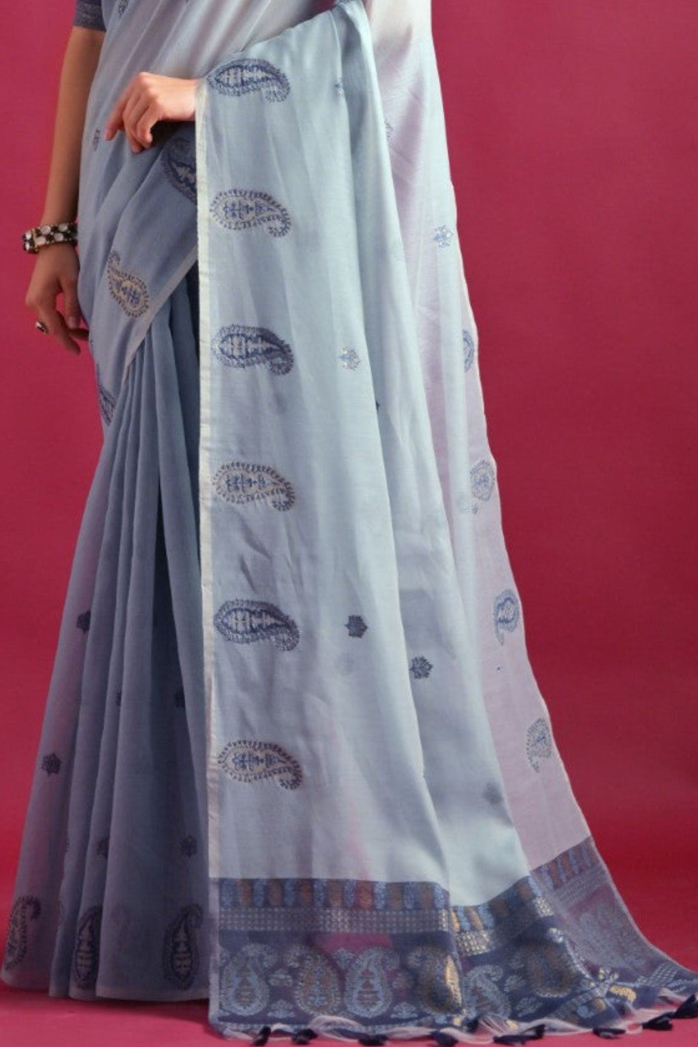 Sky Blue Woven Mul Cotton Saree