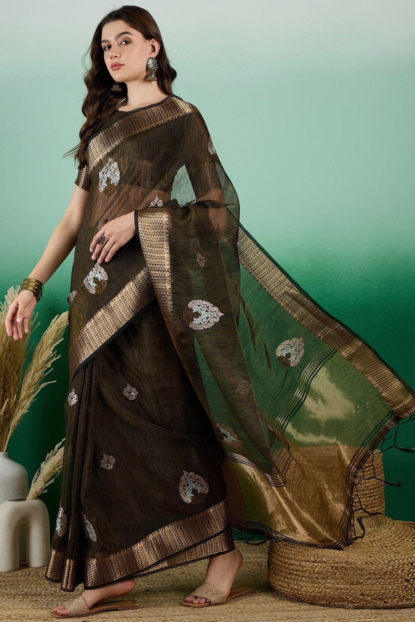 Mehndi Green Khadi Organza Saree