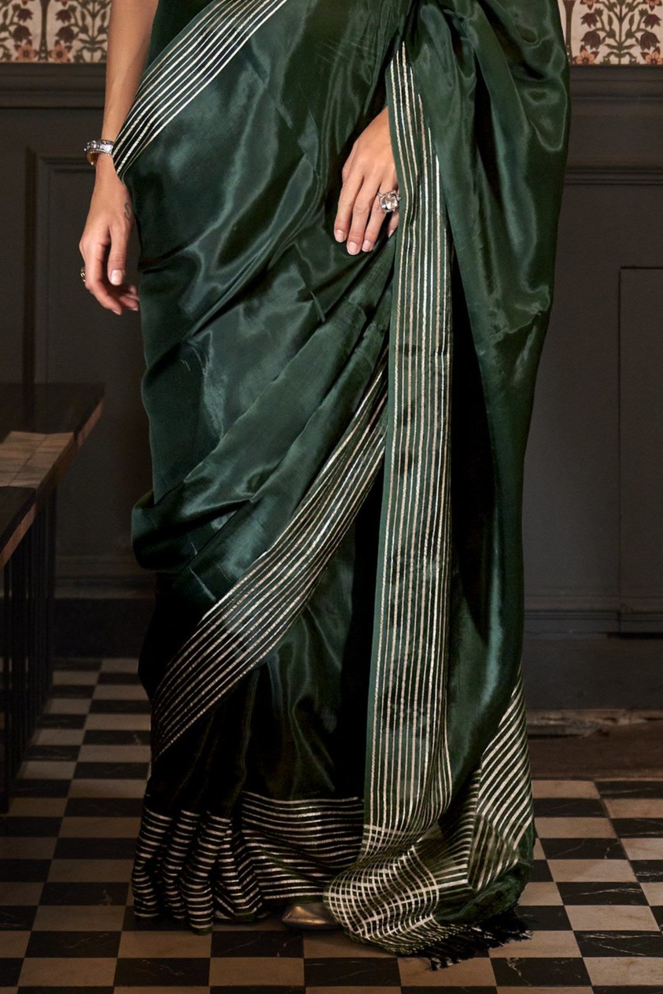 Rangitoto Green Viscose Satin Handloom Saree