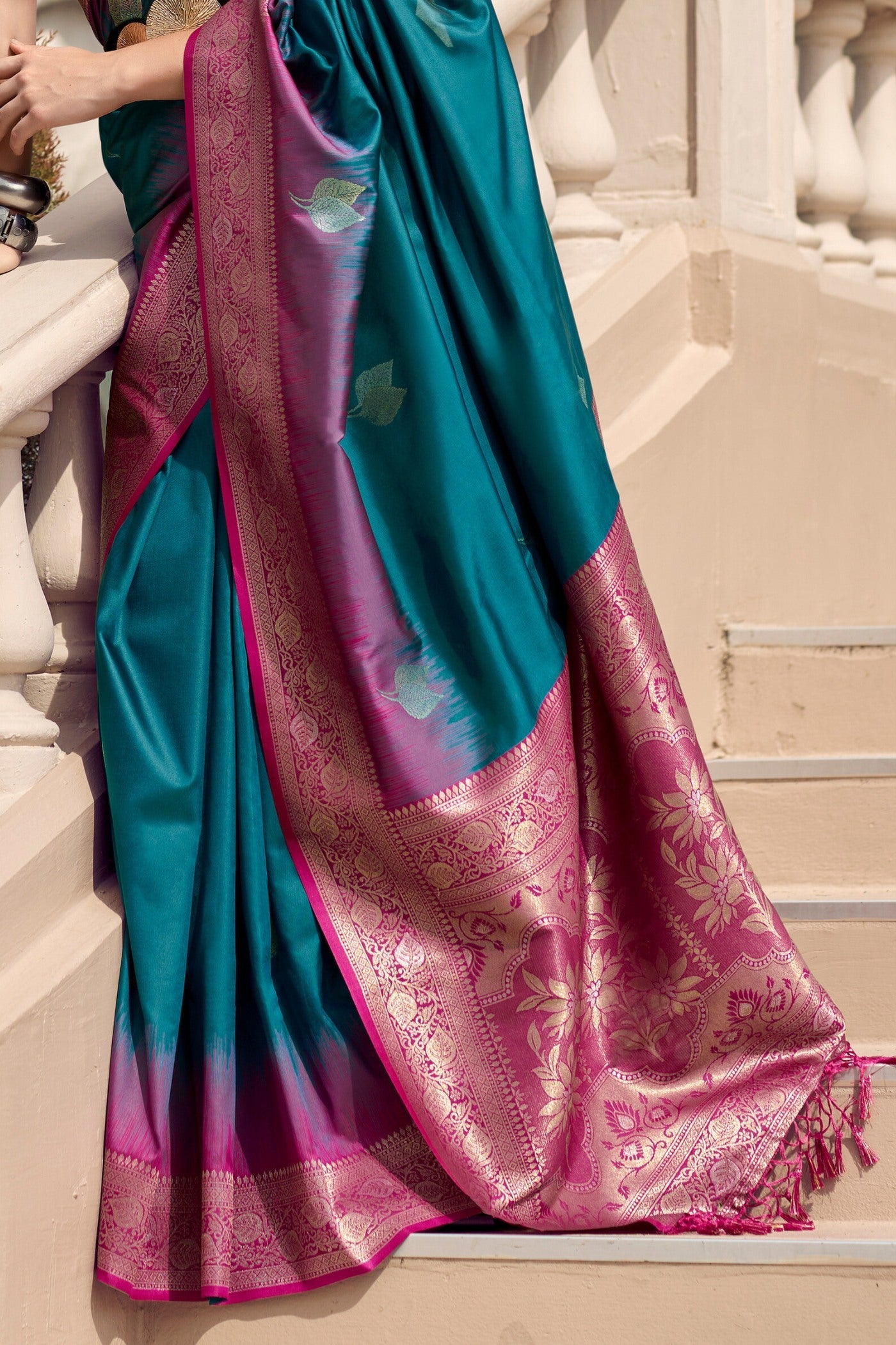 Seaweed Blue Woven Banarasi Soft Silk Saree