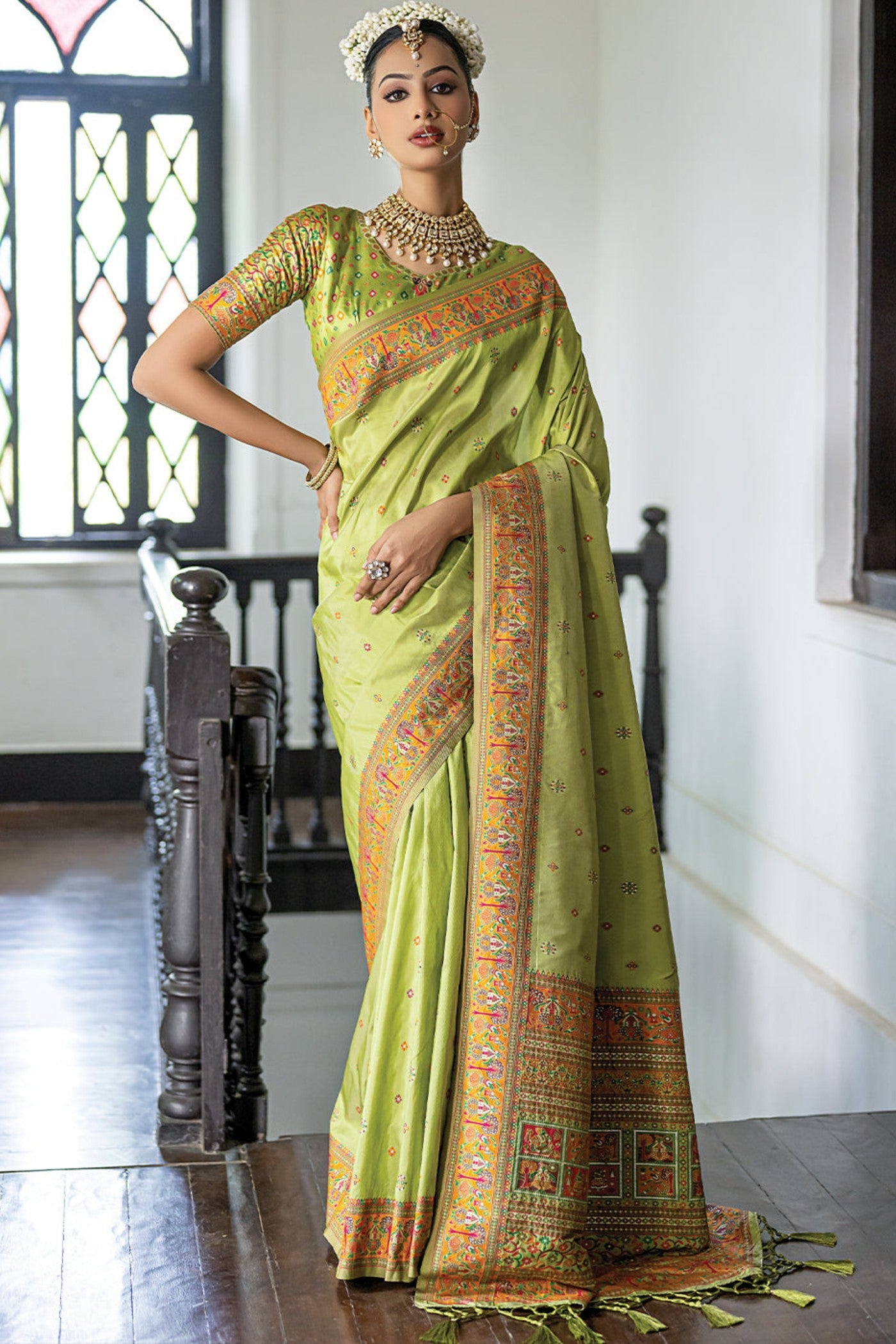 Fern Green Kashmiri Handloom Woven Silk Saree