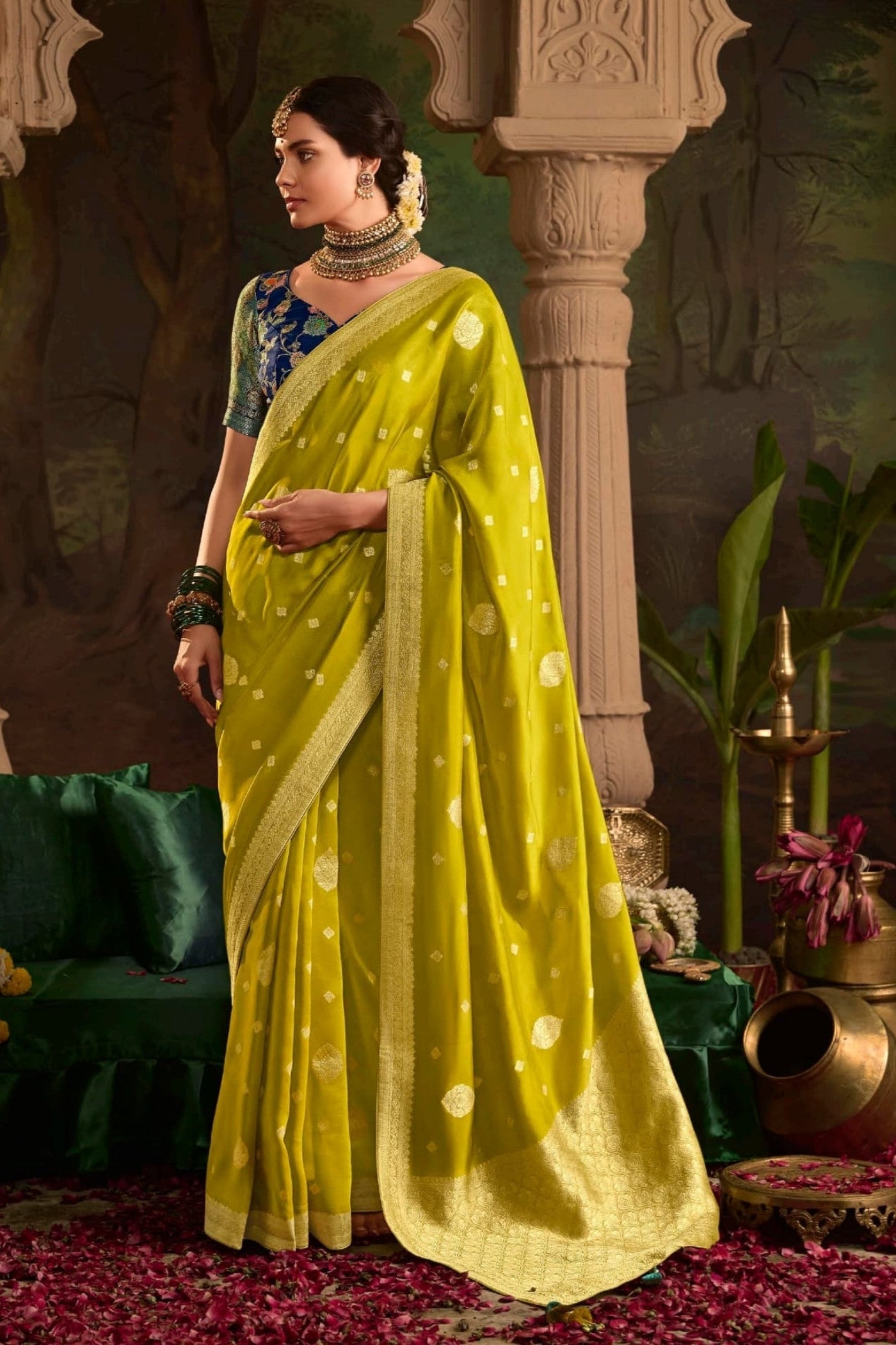 Alpine Yellow Designer Banarasi Dola Silk Saree