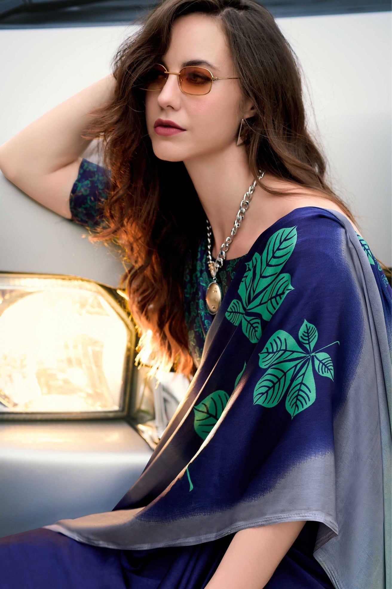 Admiral Blue Printed Satin Crepe Saree