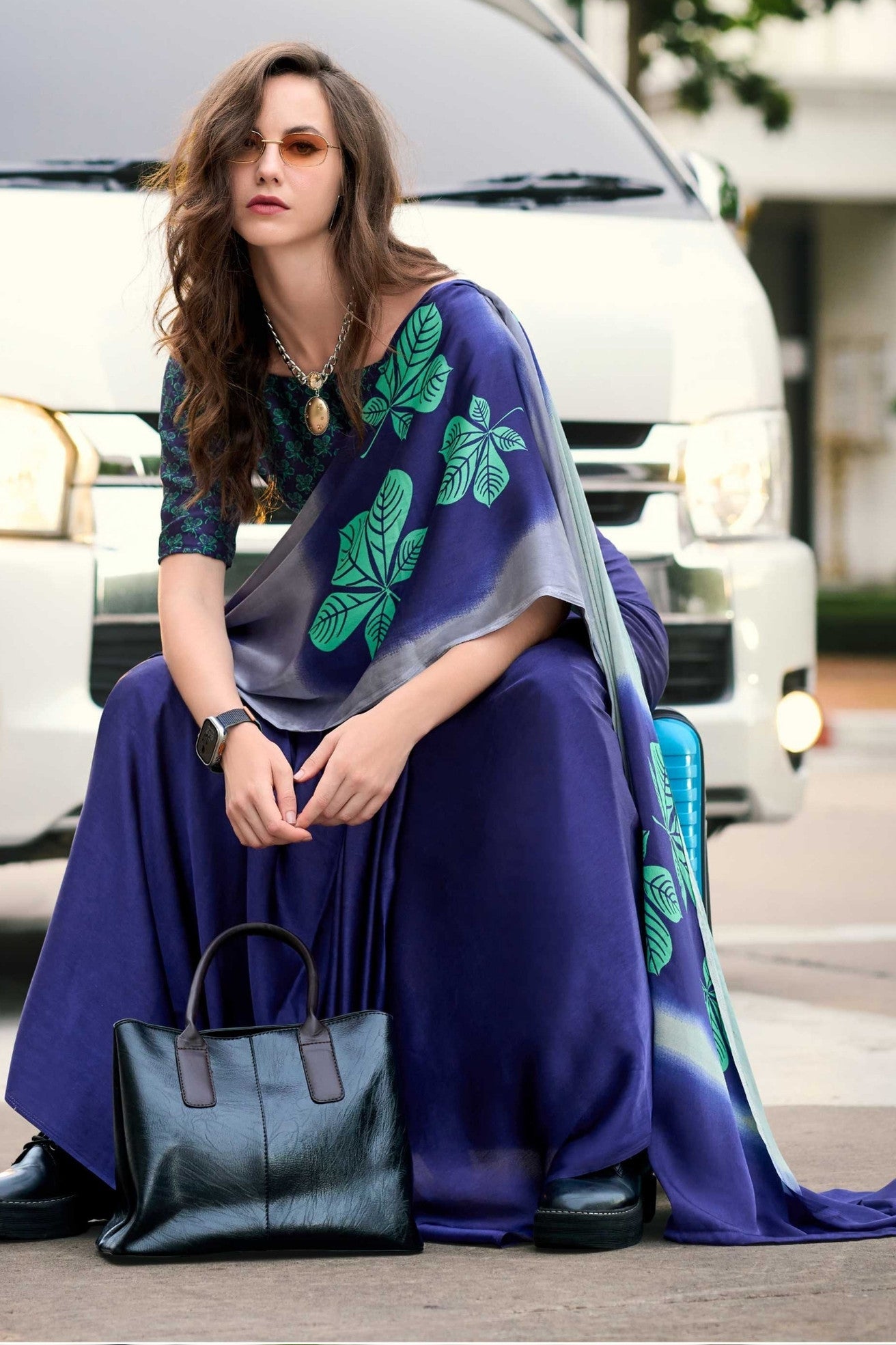 Admiral Blue Printed Satin Crepe Saree