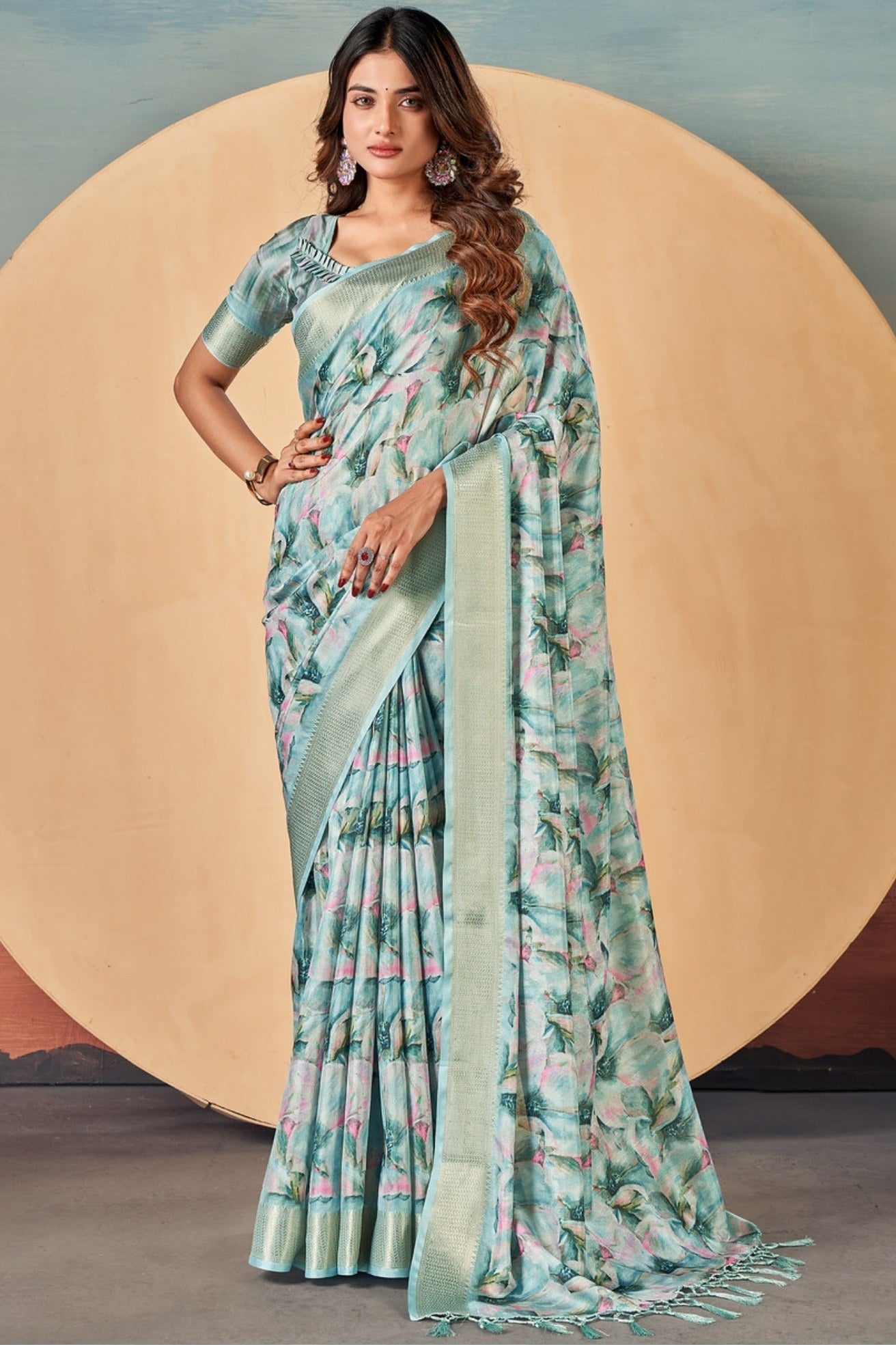 Cascade Blue Banarasi Digital Printed Saree