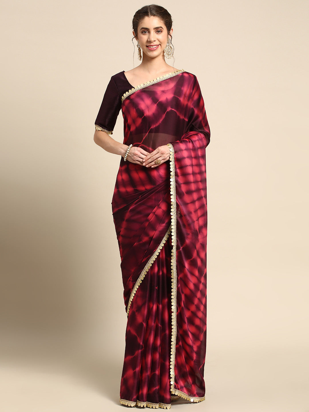 Roof Terracotta Red Satin Partywear Saree