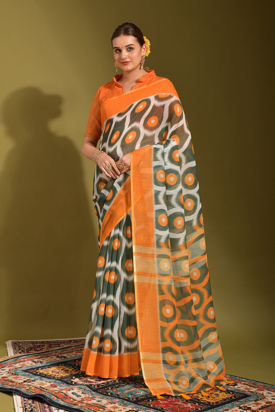 Gurkha Green and Orange Digital Printed Linen Saree