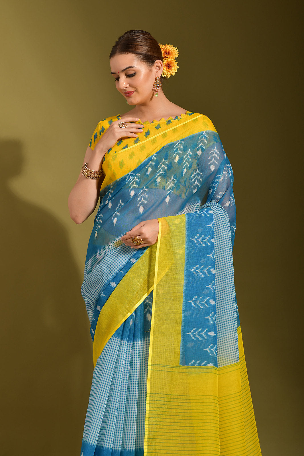 Sea Nymph Blue and Yellow Digital Printed Linen Saree