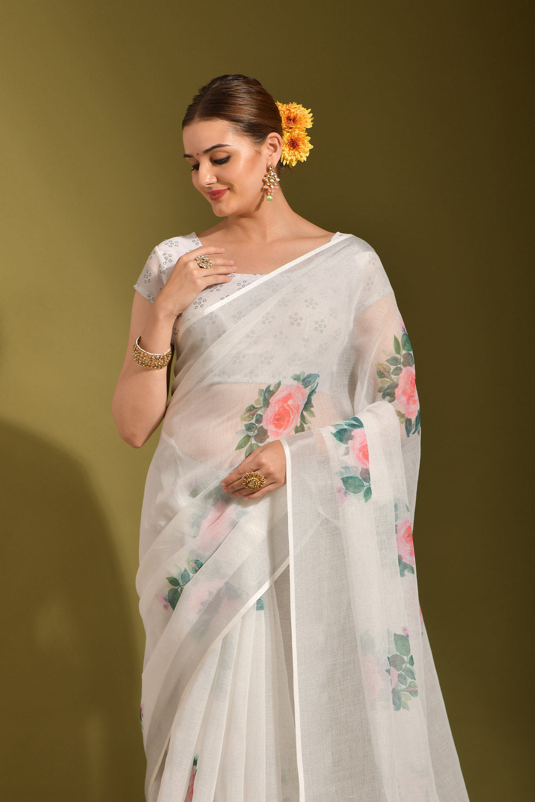 Snow White Digital Printed Linen Saree