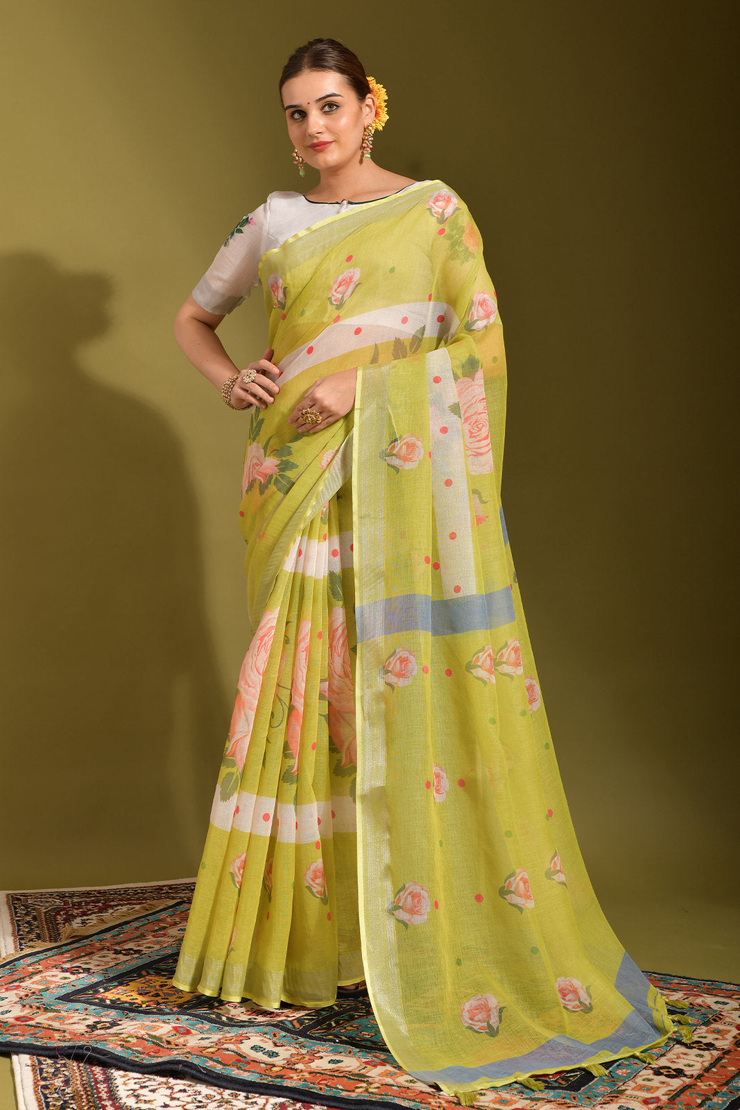 Laser Green Digital Printed Linen Saree