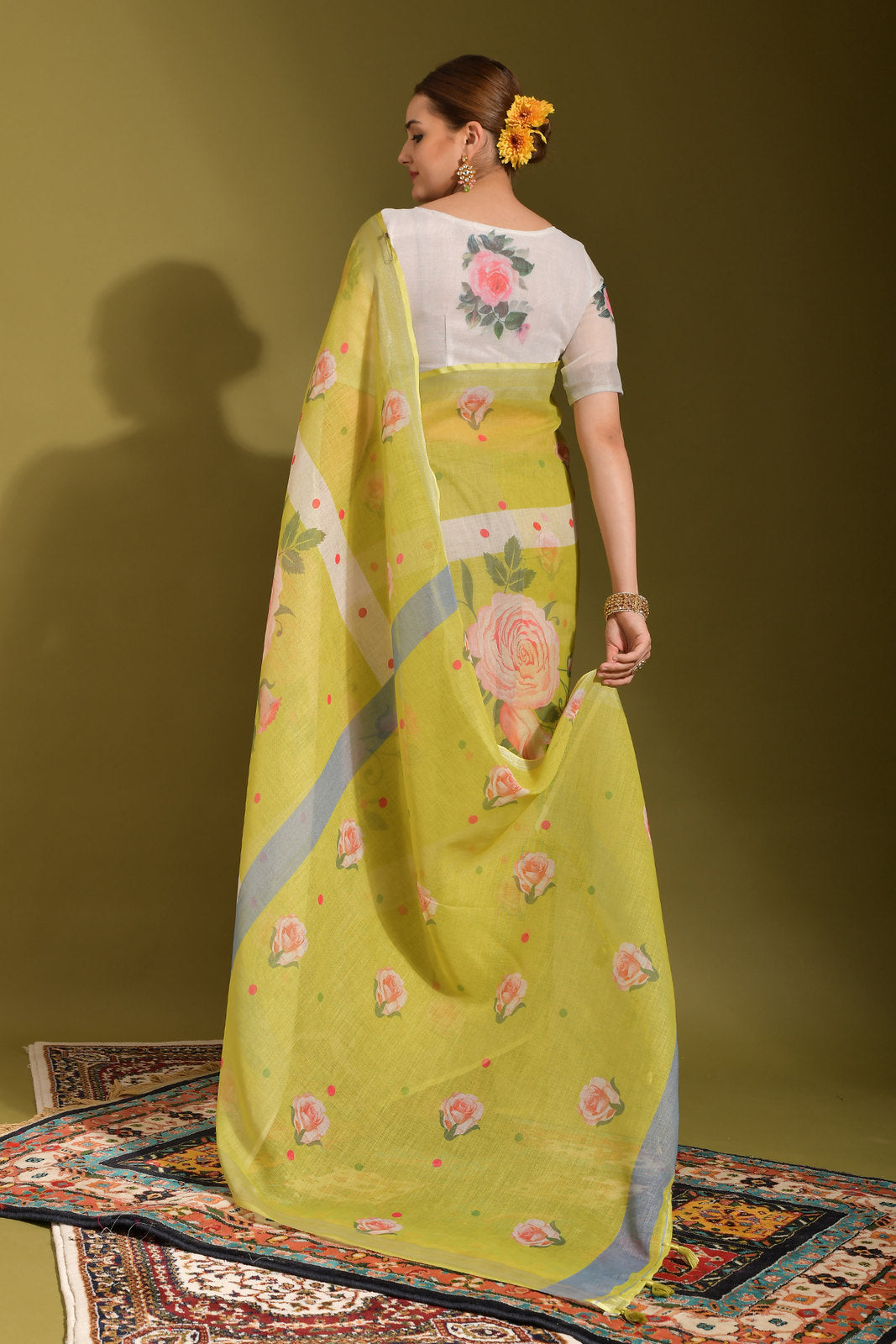 Laser Green Digital Printed Linen Saree