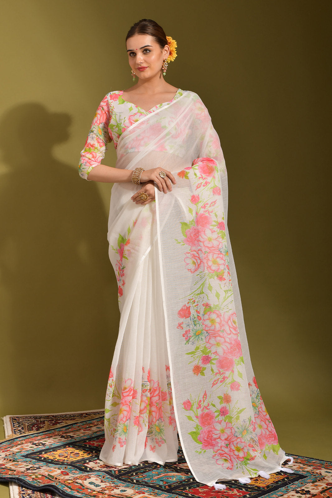 Serenade White and Pink Digital Printed Linen Saree