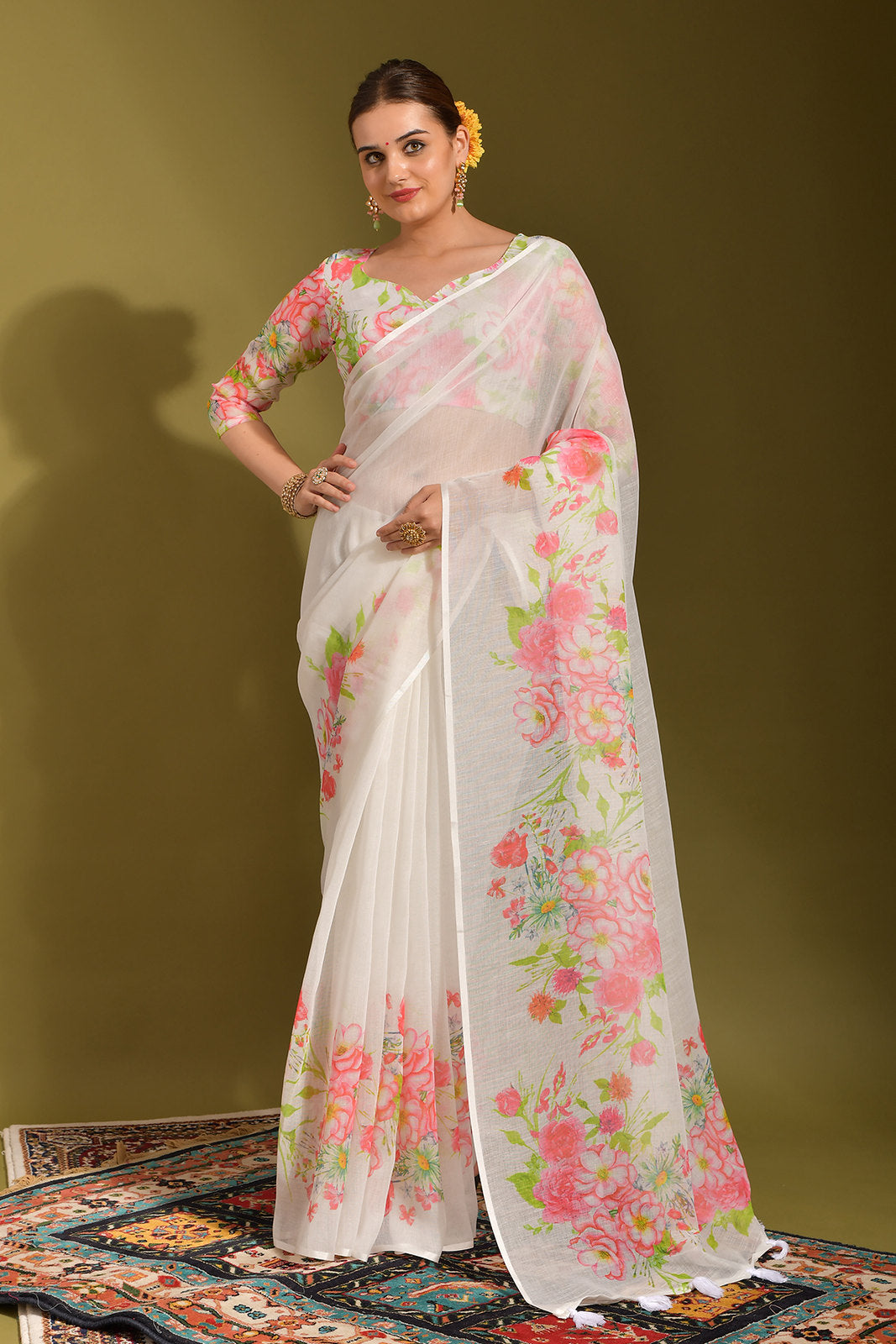 Serenade White and Pink Digital Printed Linen Saree