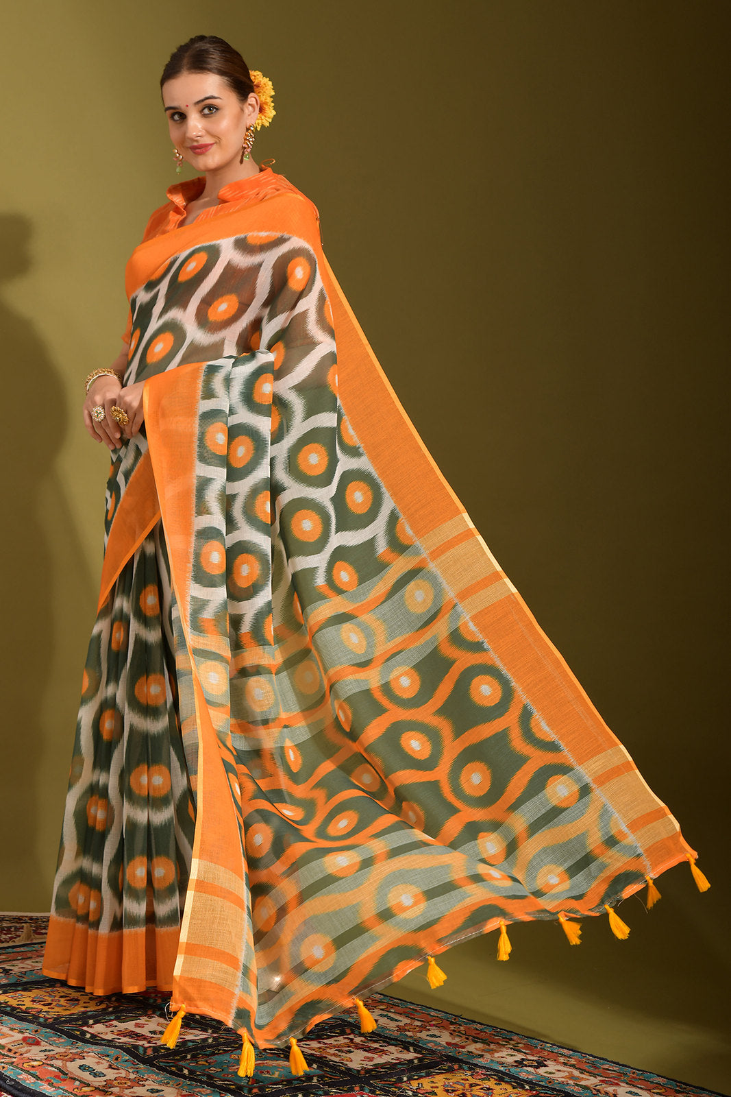 Gurkha Green and Orange Digital Printed Linen Saree