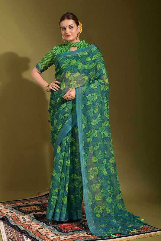 Dark Leaf Green Digital Printed Linen Saree