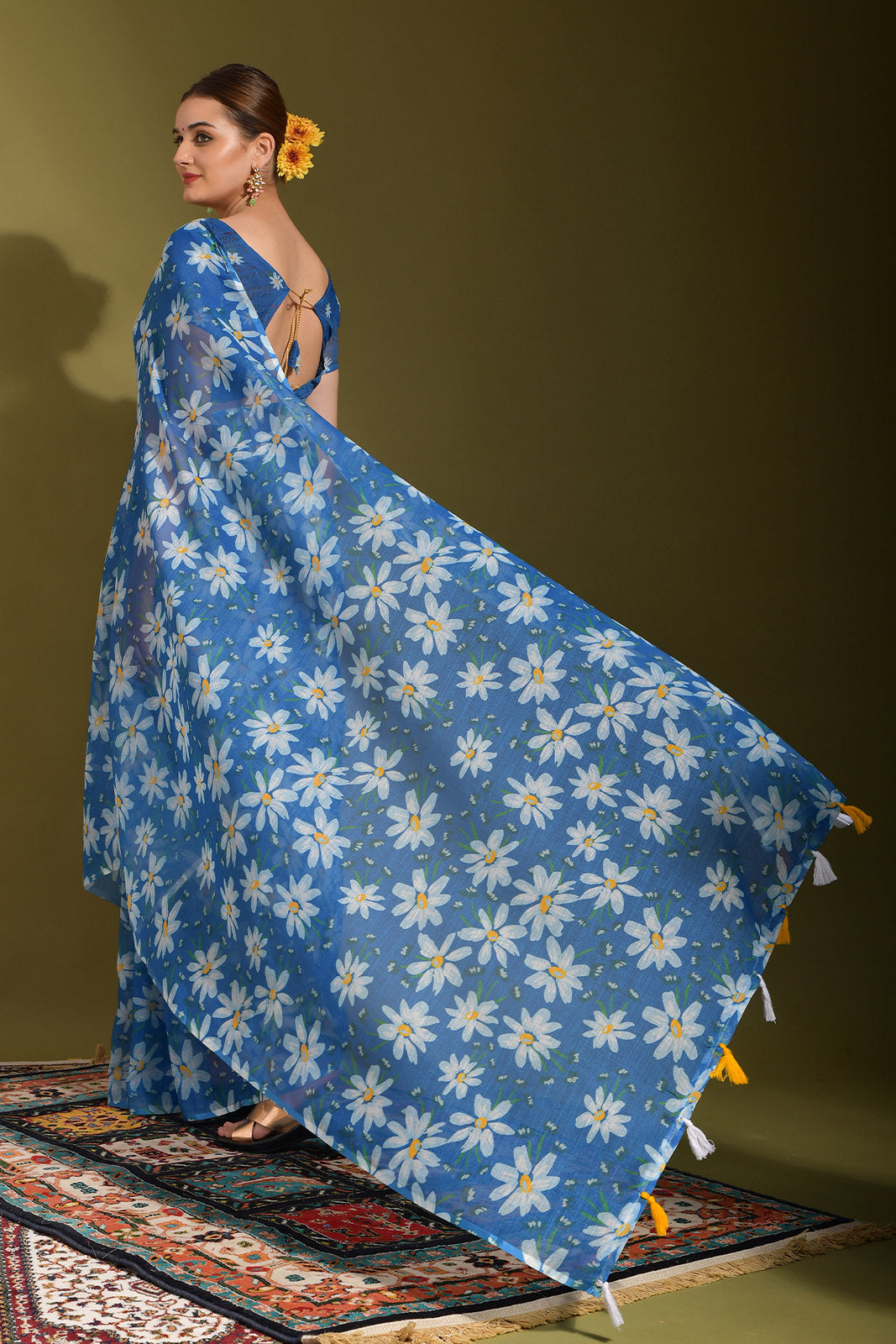 Bdazzled Blue Digital Printed Linen Saree