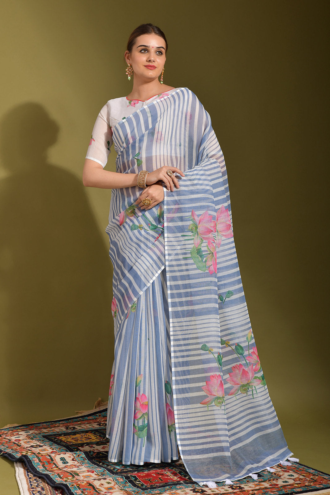 Shadow Blue and Grey Digital Printed Linen Saree