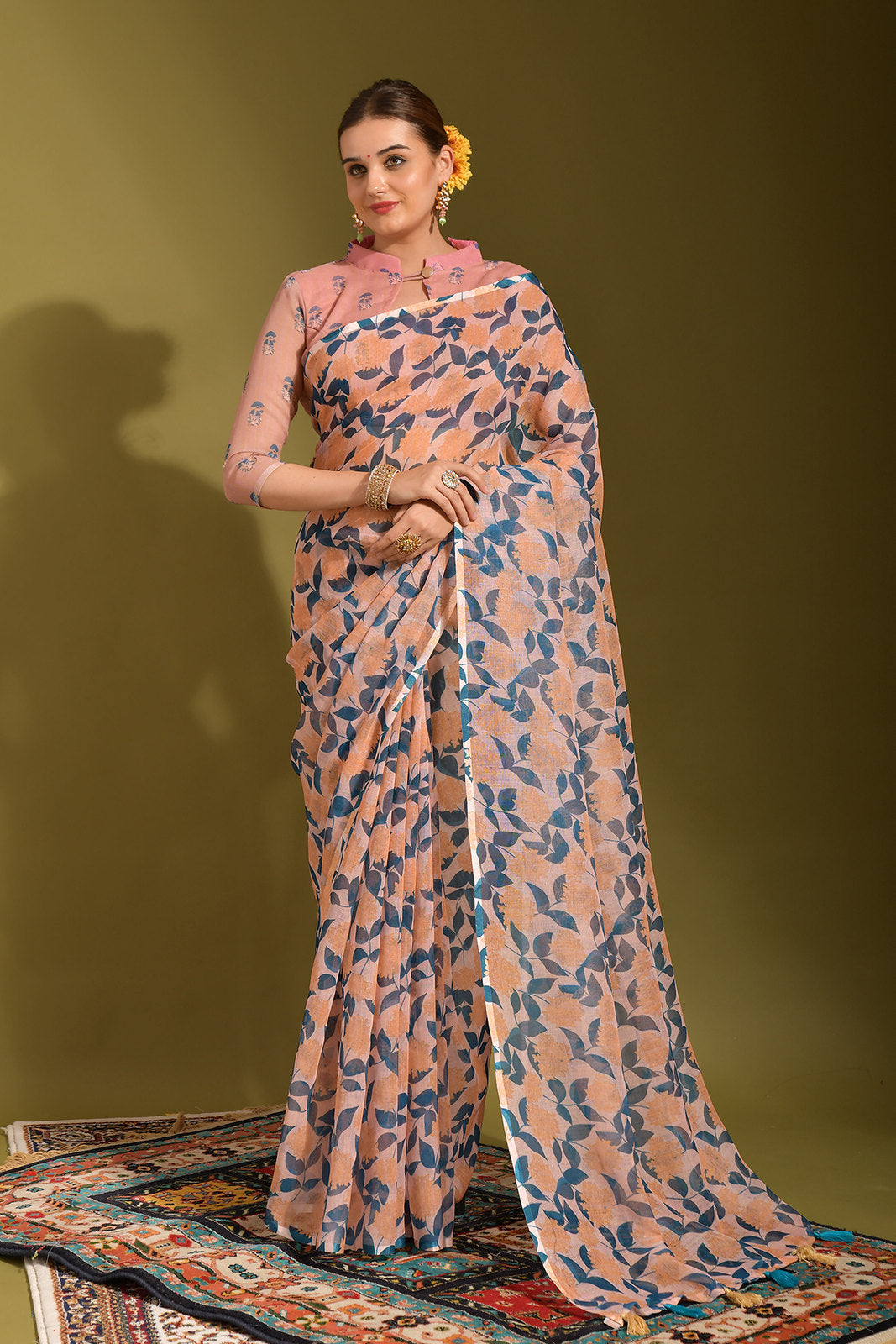 Rose Bud Peach Digital Printed Linen Saree