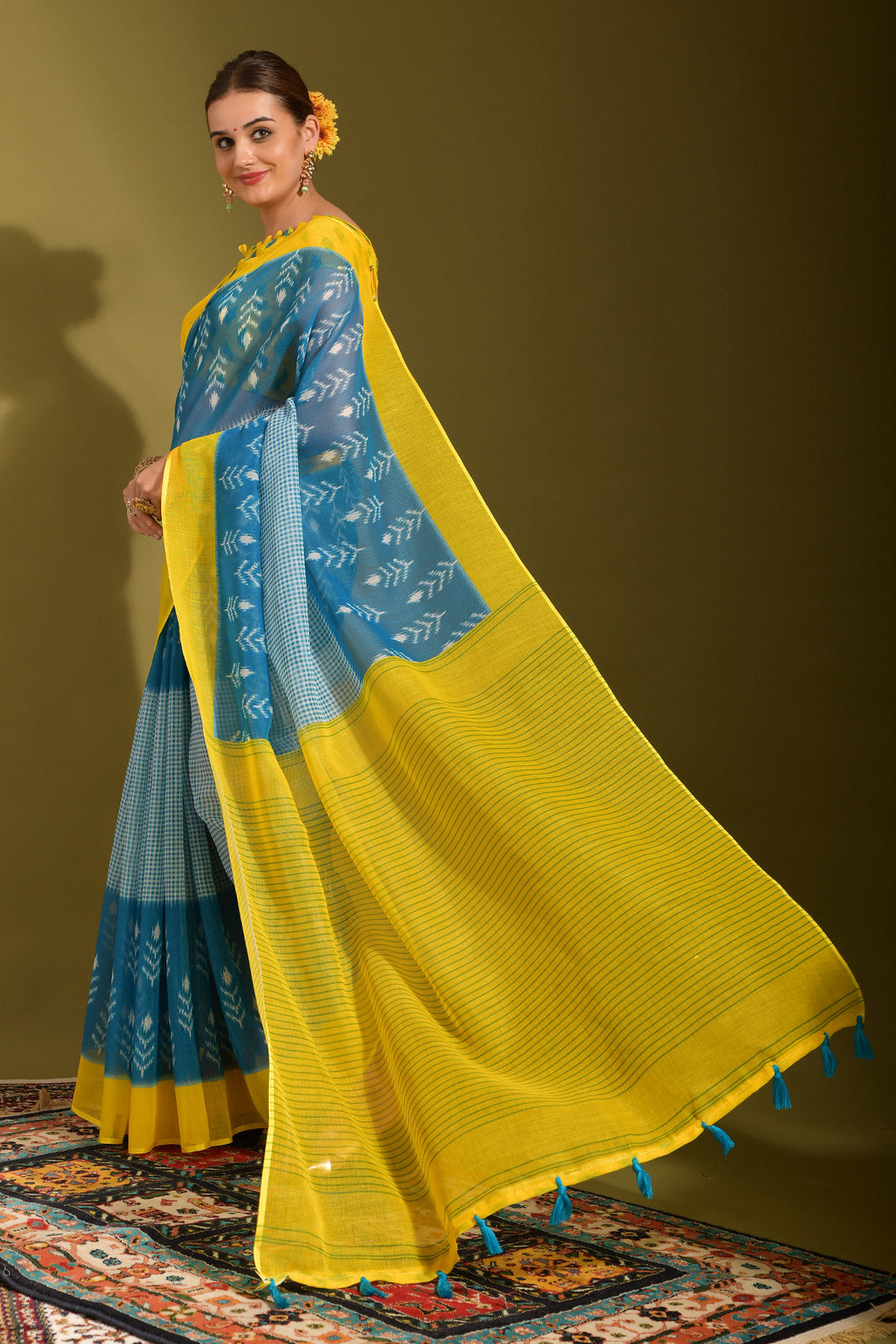 Sea Nymph Blue and Yellow Digital Printed Linen Saree