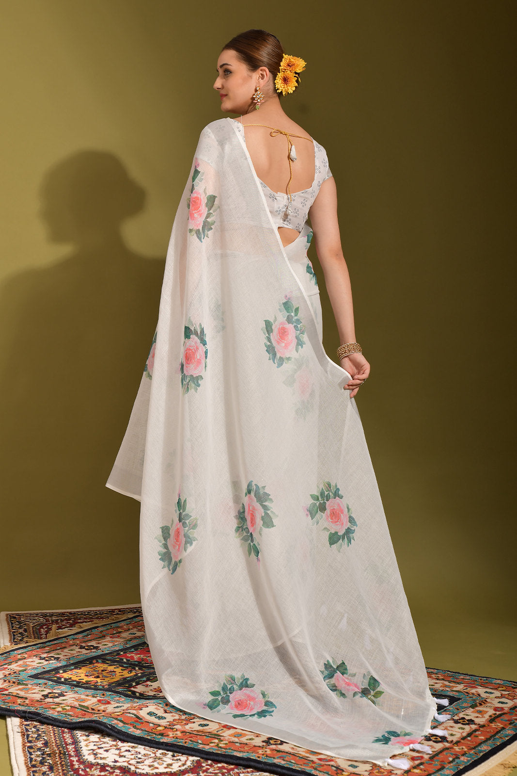 Snow White Digital Printed Linen Saree