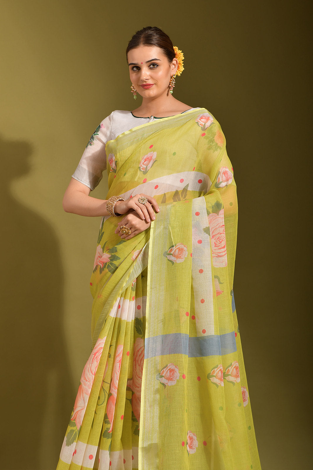 Laser Green Digital Printed Linen Saree